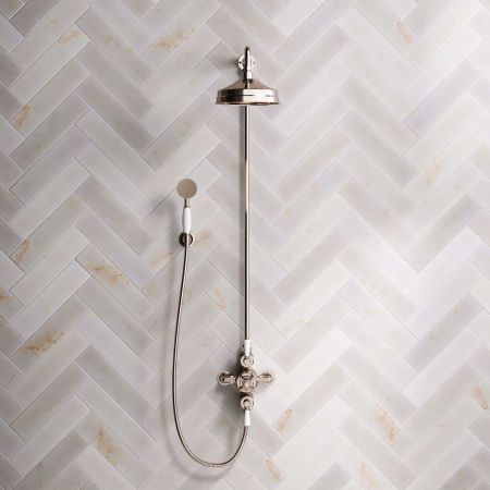 Linton Dual Outlet Exposed Shower with Handshower Hook, 8" Rose and White Levers in Polished Nickel