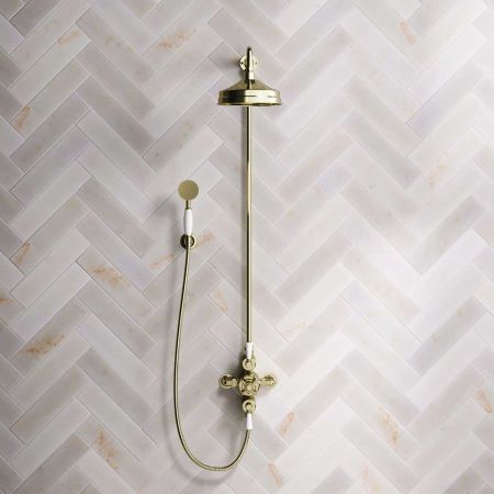 Calder Dual Outlet Shower Kit - Exposed Valve - 8 inch Rose - White Ceramic Lever - Handshower Hook - Timeless Brass