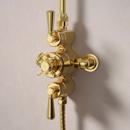 Calder Dual Outlet Exposed Shower Valve with Rigid Riser, Handset on Hook and 6 Inch Rose - Metal Lever - Living Brass