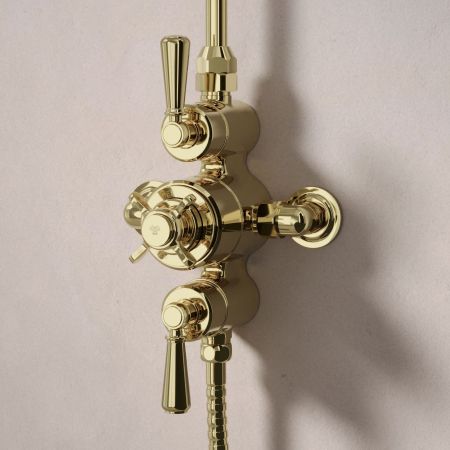 Calder Dual Outlet Exposed Shower Valve with Rigid Riser, Handset on Hook and 6 Inch Rose - Metal Lever - Timeless Brass