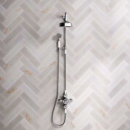 Linton Dual Outlet Exposed Valve with Riser Mounted Handshower, 6" Rose & White Levers in Chrome