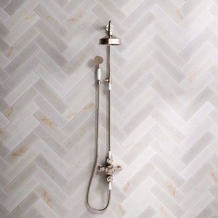 Linton Dual Outlet Exposed Valve with Riser Mounted Handshower, 6" Rose & White Levers in Polished Nickel