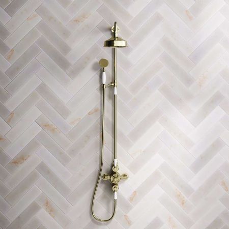Calder Dual Outlet Shower Kit - Exposed Valve - 6 inch Rose - White Ceramic Lever - Handshower Mounted on Riser-Rail - Timeless Brass