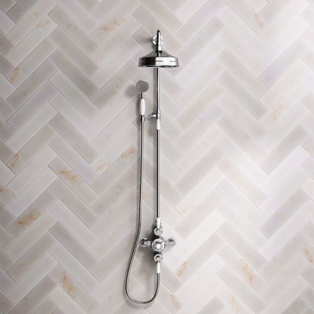 Linton Dual Outlet Exposed Valve with Riser Mounted Handshower, 8" Rose & White Levers in Chrome