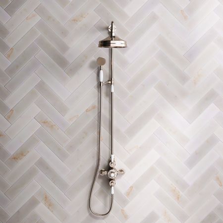 Linton Dual Outlet Exposed Valve with Riser Mounted Handshower, 8" Rose & White Levers in Polished Nickel