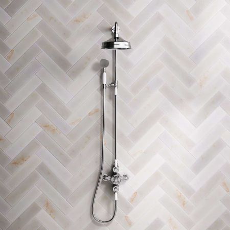Linton Dual Outlet Exposed Shower with Riser Mounted Handshower - White Lever