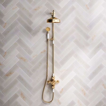 Calder Dual Outlet Shower Kit - Exposed Valve - 8 inch Rose - White Ceramic Lever - Handshower Mounted on Riser-Rail - Living Brass