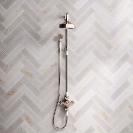 Linton Dual Outlet Exposed Valve with Riser Mounted Handshower, 8" Rose & White Levers in Polished Nickel