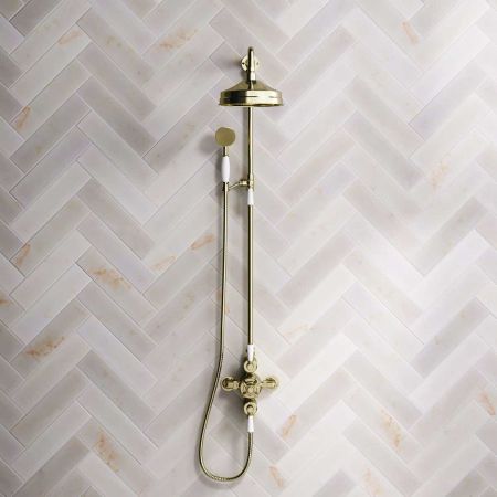 Calder Dual Outlet Shower Kit - Exposed Valve - 8 inch Rose - White Ceramic Lever - Handshower Mounted on Riser-Rail - Timeless Brass