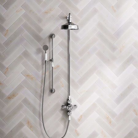 Linton Dual Outlet Exposed Valve with Slider Rail, 8" Rose & White Levers in Chrome