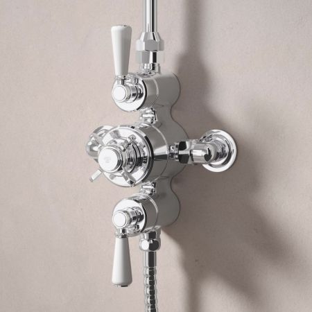 Linton Dual Outlet Exposed Shower with Handshower Hook & 6" Rose - White Lever - Chrome