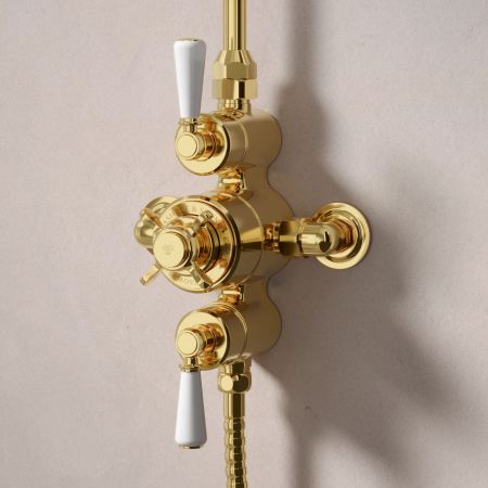 Calder Dual Outlet Exposed Shower Valve with Rigid Riser, Handset on Hook and 6 Inch Rose - White Lever - Living Brass