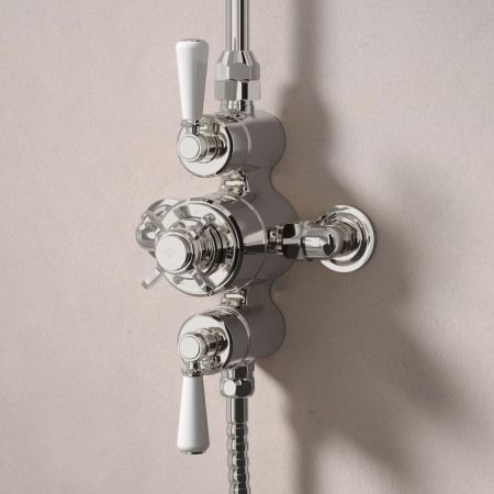 Linton Dual Outlet Exposed Shower with Handshower Hook & 6" Rose - White Lever - Polished Nickel