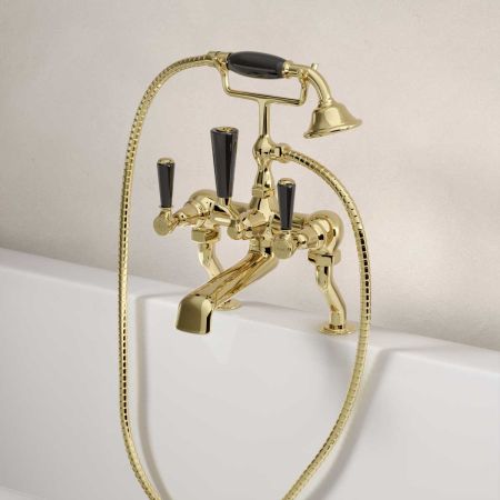 Linton Bath Shower Mixer Black Lever Timeless Brass 3/4BSP