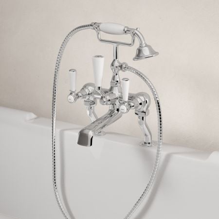 Linton Classic Deck Mounted Bath Shower Mixer with White Levers in Chrome