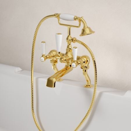Linton Classic Bath Shower Mixer White Lever Living Brass 3/4BSP