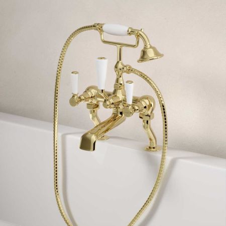 Linton Bath Shower Mixer White Lever Timeless Brass 3/4BSP