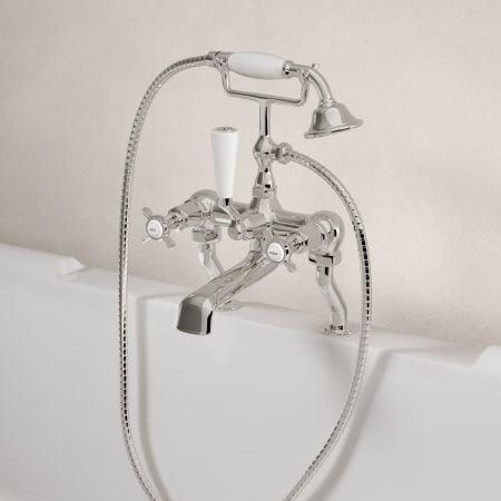 Linton Classic Deck Mounted Bath Shower Mixer with Crossheads in Polished Nickel