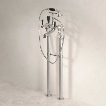 Linton Floor Mounted 2 Hole Bath Shower Mixer with 725mm Standpipes - Black Lever - Polished Nickel