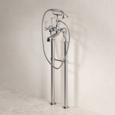 Linton Classic Floor Mounted Bath Shower Mixer with 725mm Standpipes & White Levers in Chrome