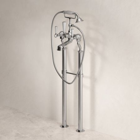 Linton Classic Floor Mounted Bath Shower Mixer with 620mm Standpipes & White Levers in Chrome