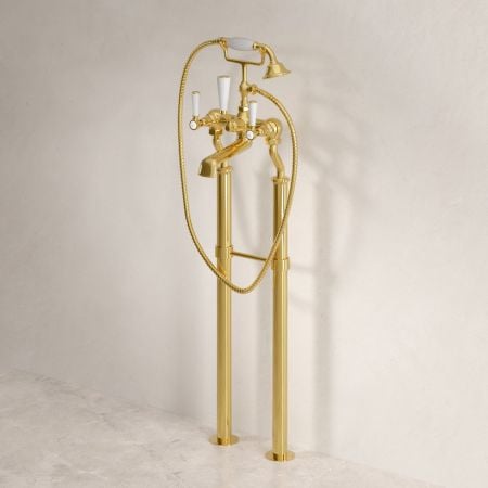 Linton Classic Floor Mounted Bath Shower Mixer with White Levers in Living Brass