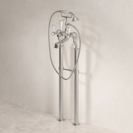 Linton Classic Floor Mounted Bath Shower Mixer with 620mm Standpipes & White Levers in Polished Nickel