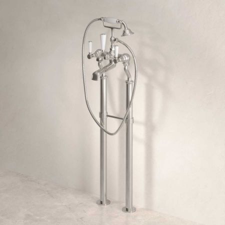 Linton Bath Shower Mixer with Standpipes White Lever Nickel 3/4BSP (For Baths Without Tap Holes Only)