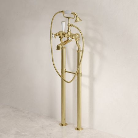 Linton Classic Floor Mounted Bath Shower Mixer with 725mm Standpipes & Crossheads in Timeless Brass