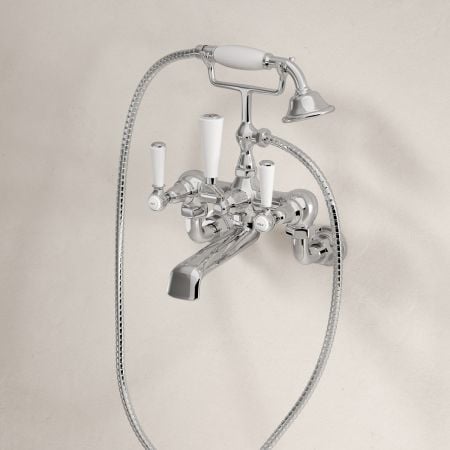 Linton Classic 2 Hole Bath Shower Mixer with White Levers in Chrome