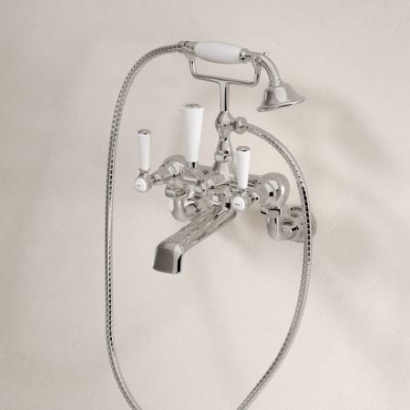 Linton Classic 2 Hole Bath Shower Mixer with White Levers in Polished Nickel