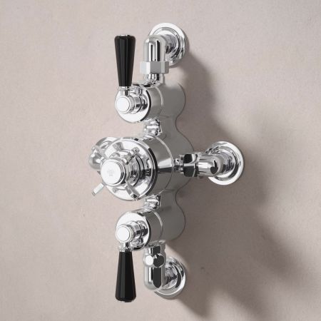 Linton Dual Outlet Semi Exposed Shower with Handshower Hook, 500mm Wall Arm & 8" Rose - Black Lever - Chrome