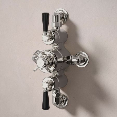 Linton Dual Outlet Semi Exposed Shower with Slider Rail, 300mm Wall Arm & 8" Rose - Black Lever - Polished Nickel