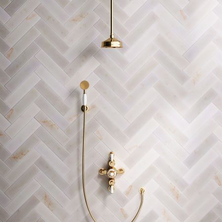 Calder Dual Outlet Shower Kit - Semi-Exposed Valve - 6 inch Rose - White Ceramic Lever - Handshower Hook - Ceiling Mounted Rose - Living Brass