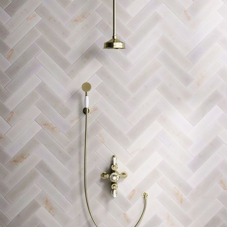 Calder Dual Outlet Shower Kit - Semi-Exposed Valve - 6 inch Rose - White Ceramic Lever - Handshower Hook - Ceiling Mounted Rose - Timeless Brass