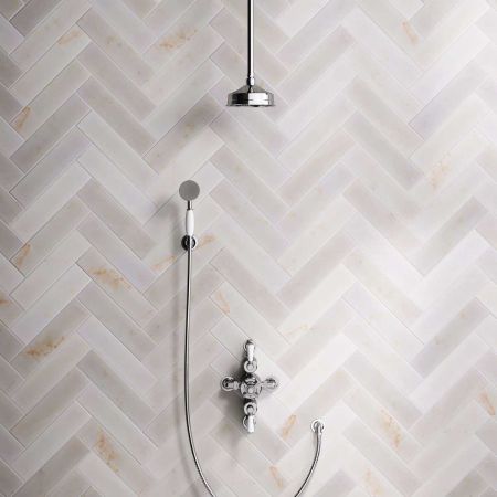 Linton Dual Outlet Semi Exposed Shower with Handshower Hook, 210mm Ceiling Arm, 6" Rose & White Levers in Chrome