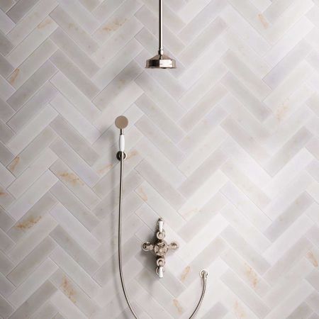 Linton Dual Outlet Semi Exposed Shower with Handshower Hook, 210mm Ceiling Arm, 6" Rose & White Levers in Polished Nickel