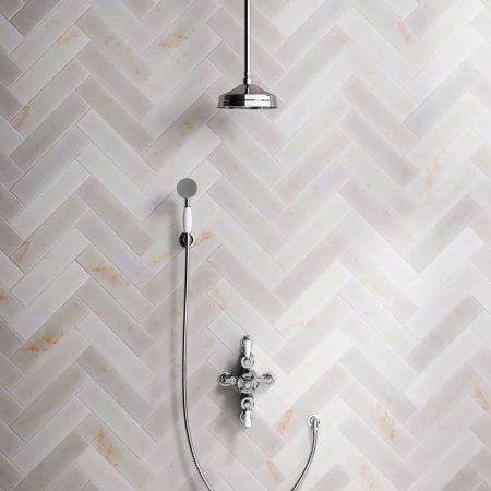 Linton Dual Outlet Semi Exposed Shower with Handshower Hook, 210mm Ceiling Arm, 8" Rose & White Levers in Chrome