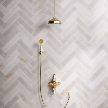 Calder Dual Outlet Shower Kit - Semi-Exposed Valve - 8 inch Rose - White Ceramic Lever - Handshower Hook - Ceiling Mounted Rose - Living Brass