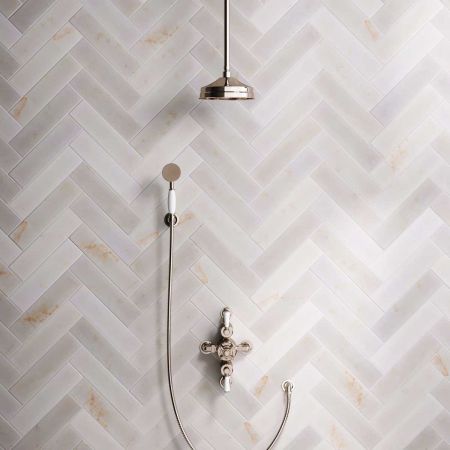 Linton Dual Outlet Semi Exposed Shower with Handshower Hook, 210mm Ceiling Arm, 8" Rose & White Levers in Polished Nickel