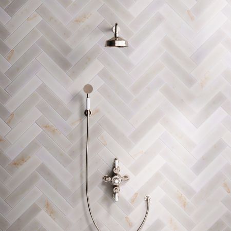 Linton Dual Outlet Semi Exposed Shower with Handshower Hook, 500mm Wall Arm, 6" Rose & White Levers in Polished Nickel