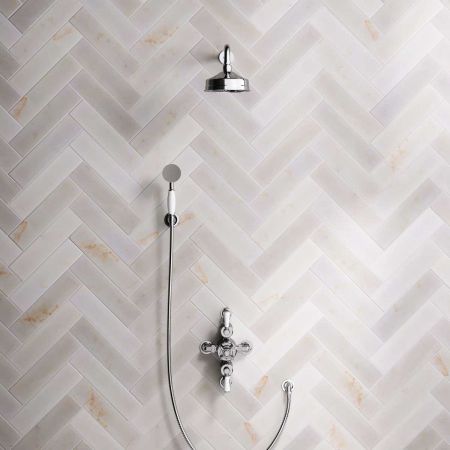 Linton Dual Outlet Semi Exposed Shower with Handshower Hook, 500mm Wall Arm, 6" Rose & White Levers in Chrome