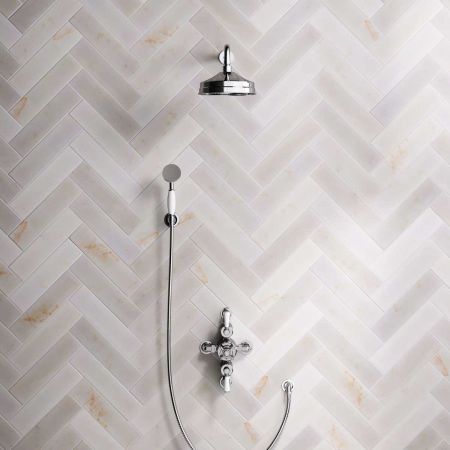Linton Dual Outlet Semi Exposed Shower with Handshower Hook, 500mm Wall Arm, 8" Rose & White Levers in Chrome