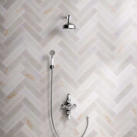Linton Dual Outlet Semi Exposed Shower with Handshower Hook, 300mm Wall Arm, 6" Rose & White Levers in Chrome