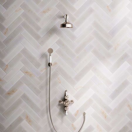 Linton Dual Outlet Semi Exposed Shower with Handshower Hook, 300mm Wall Arm, 6" Rose & White Levers in Polished Nickel