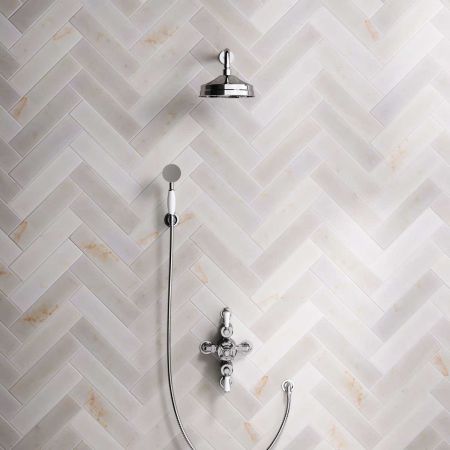 Linton Dual Outlet Semi Exposed Shower with Handshower Hook, 300mm Wall Arm, 8" Rose & White Levers in Chrome