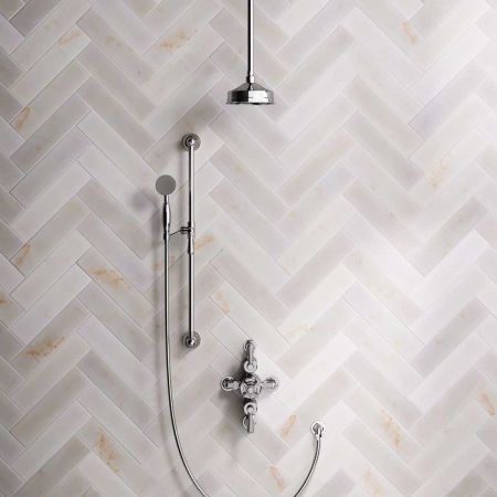 Linton Dual Outlet Semi Exposed Shower with Slider Rail, 210mm Ceiling Arm, 6" Rose & Metal Levers in Chrome