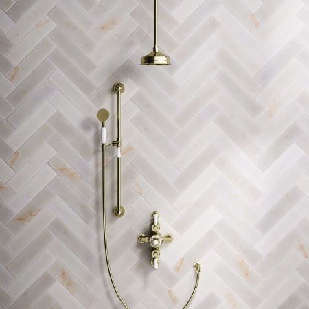 Calder Dual Outlet Shower Kit - Semi-Exposed Valve - 6 inch Rose - White Ceramic Lever - Handshower Slider-Rail - Ceiling Mounted Rose - Timeless Brass
