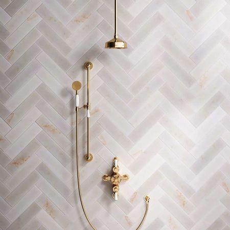Calder Dual Outlet Shower Kit - Semi-Exposed Valve - 6 inch Rose - White Ceramic Lever - Handshower Slider-Rail - Ceiling Mounted Rose - Living Brass