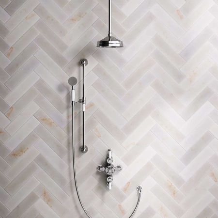 Linton Dual Outlet Semi Exposed Shower with Slider Rail, 210mm Ceiling Arm, 8" Rose & White Levers in Chrome